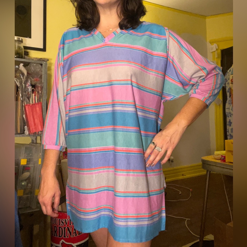 Vintage Neiman Marcus Striped v neck tunic minidress oversized shirt 1980s